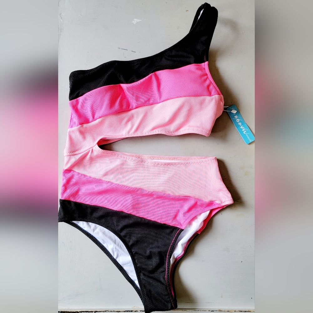 Color Block Side Cutout One Shoulder One Piece Swimsuit. Size Small.